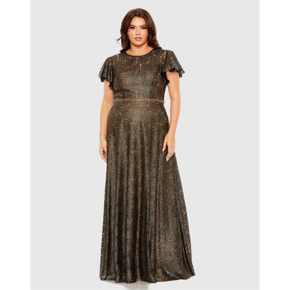 Mac Duggal Metallic Black and Gold Lace-Effect Flutter Sleeve Maxi